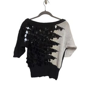 Black‎ White Sequin Embellished Knit Sweater Top Colorblock Dolman Short Sleeve
